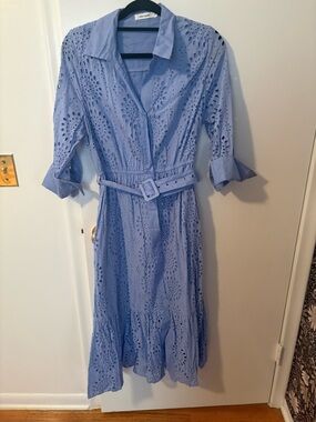 Light Blue Eyelet Shirt Dress with Belt
